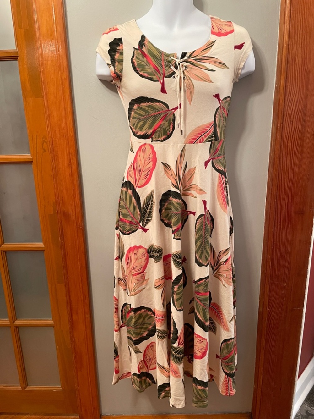 CHAPS Tropical Floral A-line Full Skirt Lace Front Cotton Midi Dress Old Money